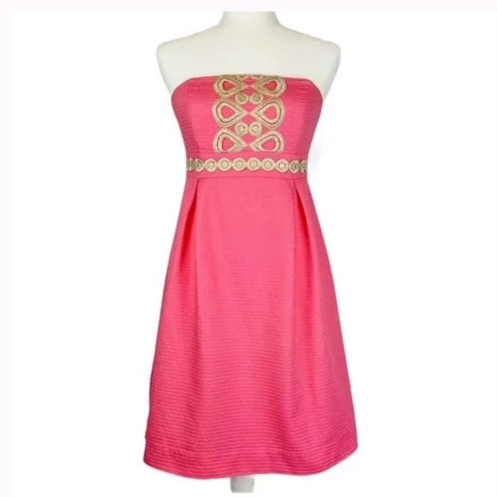 Lilly Pulitzer Betsey Pink Strapless Jacquard Dress With Gold Embroidery Size: 4